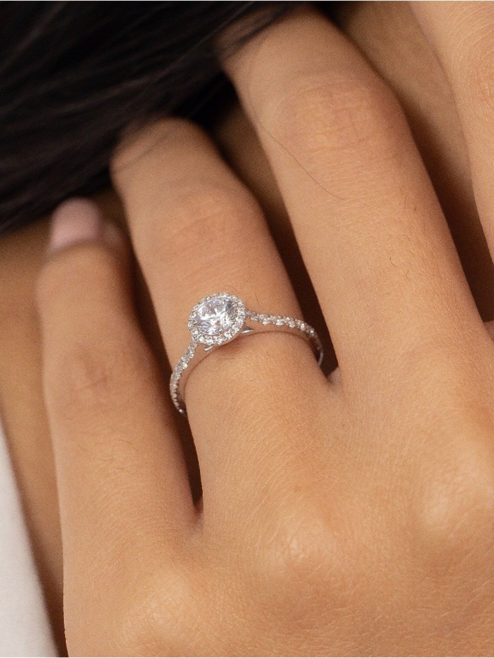 Silver Halo Solitaire Engagement Ring with Pavé Band - White